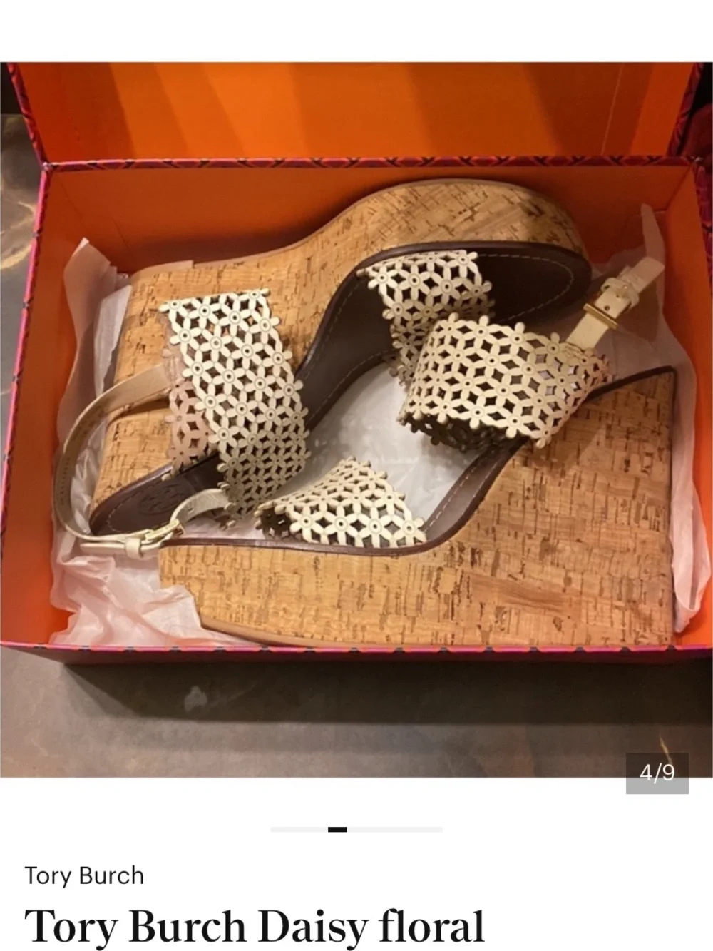 Tory Burch Cream Daisy Laser-Cut Cork Wedge Sandals 11 GC